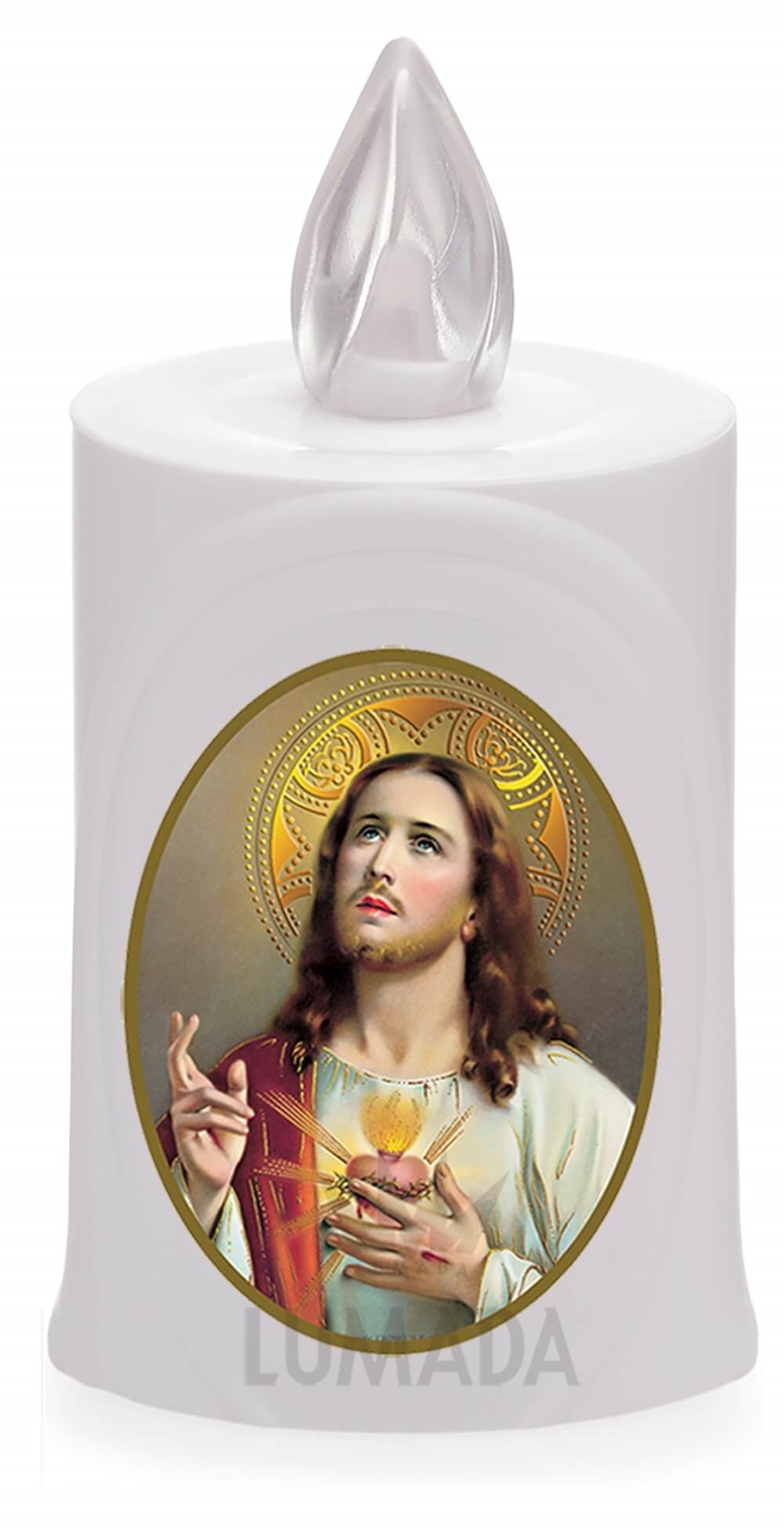 CANDLE LUMADA LES050 WHITE (YELLOW/FLAME) D12 SACRED HEART OF JESUS - SKU: LES050B-6D12