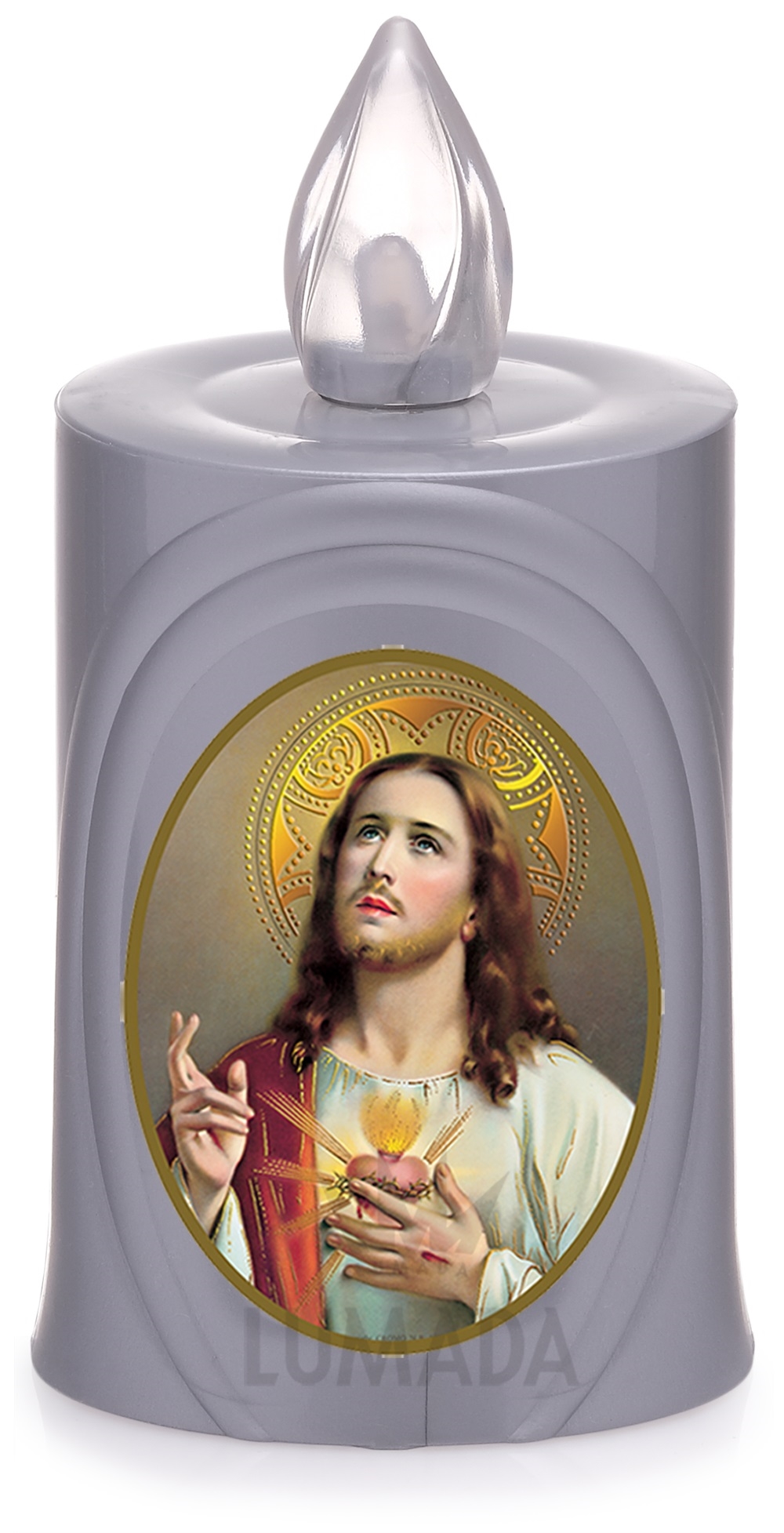 CANDLE LUMADA LES050 SILVER (YELLOW/FLAME) D12 SACRED HEART OF JESUS - SKU: LES050S-6D12